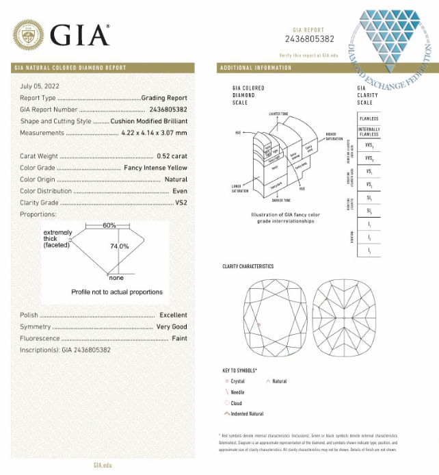 0.52 Carat, Fancy Intense Yellow Natural Diamond, Cushion Shape, VS2 Clarity, GIA 3