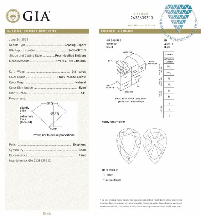 0.61 Carat, Fancy Intense  Yellow Natural Diamond, Pear Shape, SI1 Clarity, GIA 3