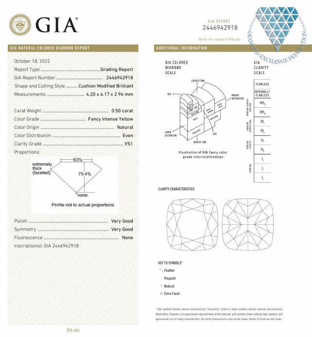 0.50 Carat, Fancy Intense Yellow Natural Diamond, Cushion Shape, VS1 Clarity, GIA 3