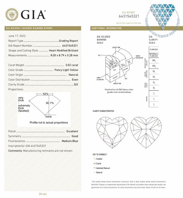3.02 Carat, Fancy Light  Yellow Natural Diamond, Heart Shape, SI2 Clarity, GIA 3