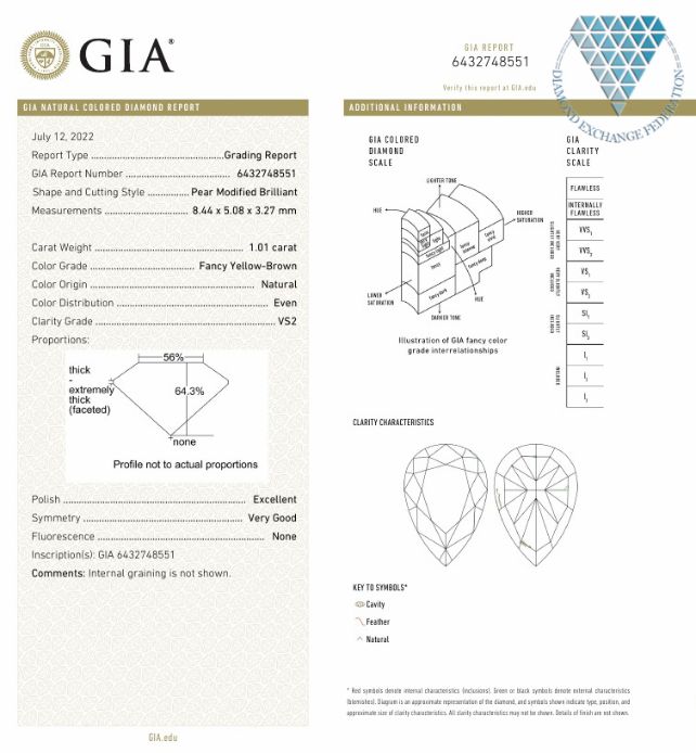 1.01 Carat, Fancy  Yellow-Brown Natural Diamond, Pear Shape, VS2 Clarity, GIA 3
