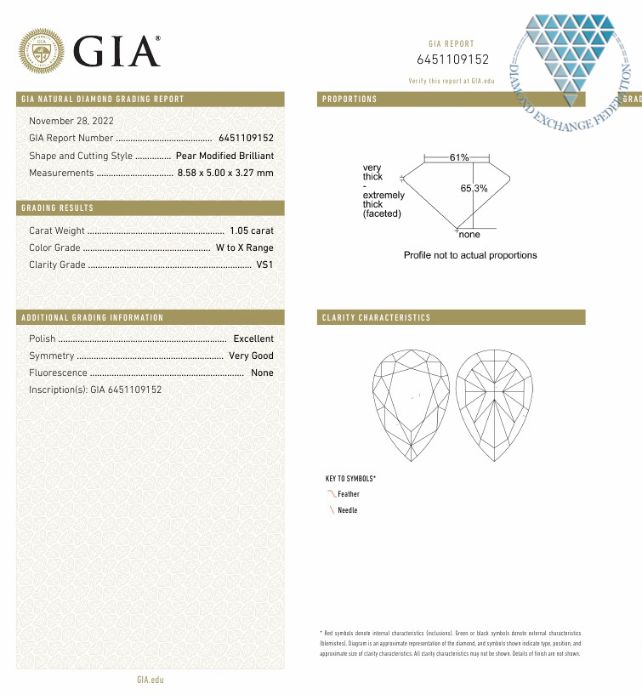 1.05 Carat, W-X Natural Diamond, Pear Shape, VS1 Clarity, GIA 3