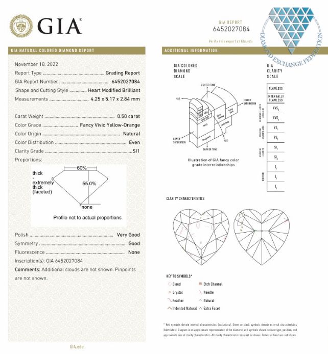 0.50 Carat, Fancy Vivid  Yellow-Orange Natural Diamond, Heart Shape, SI1 Clarity, GIA 3