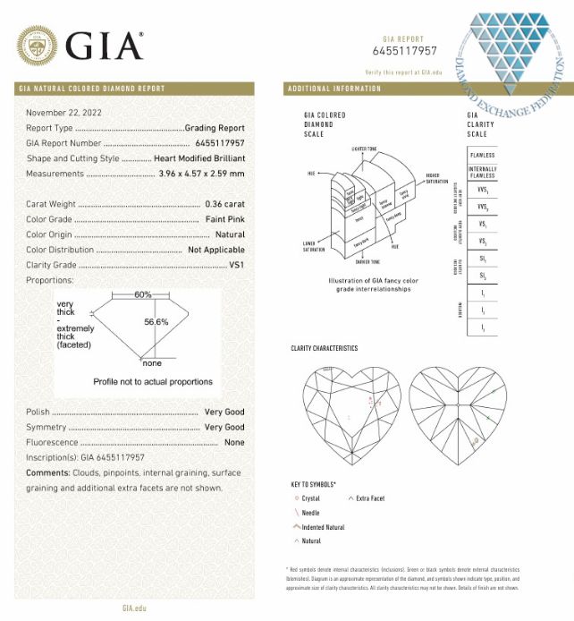 0.36 Carat, Faint  Pink Natural Diamond, Heart Shape, VS1 Clarity, GIA 3