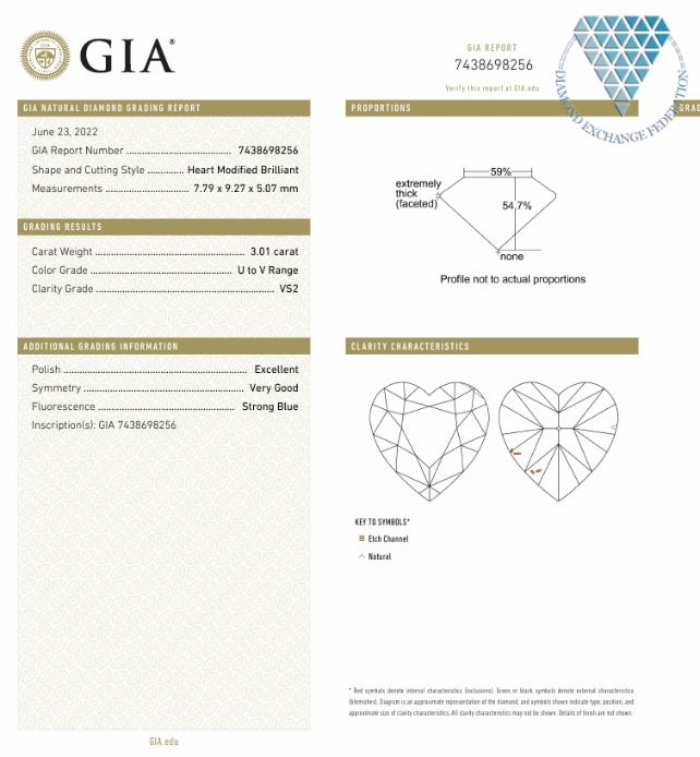 3.01 Carat, U-V Natural Diamond, Heart Shape, VS2 Clarity, GIA 3