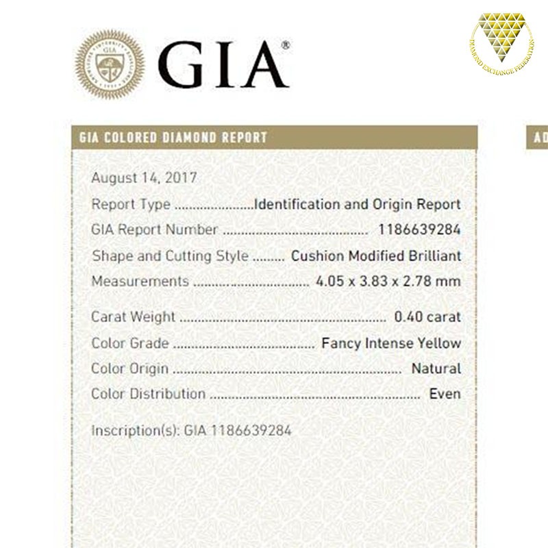 0.40 Carat Fancy Intense Yellow Natural Diamond, Cushion Shape, Clarity SI1 ± , GIA Diamond Exchange Federation 7