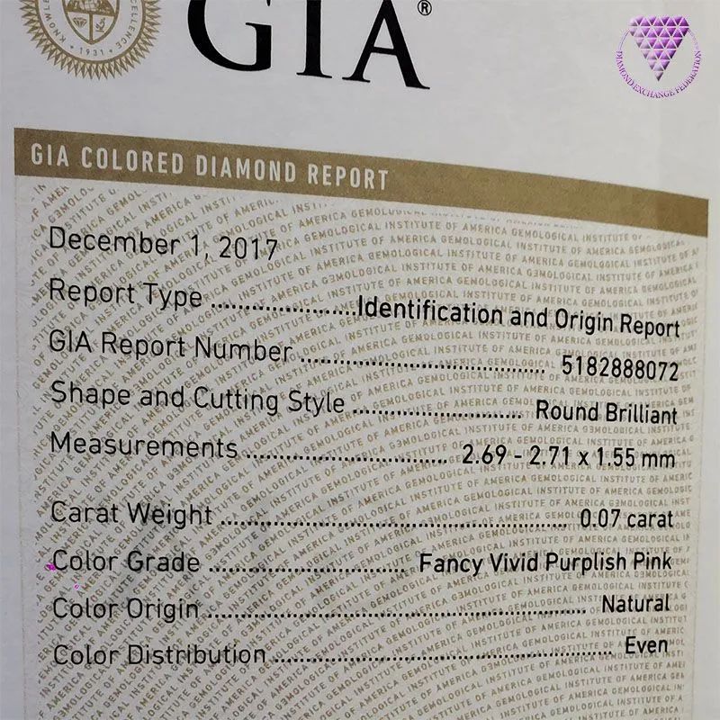 0.07 Carat Fancy Vivid Purplish Pink Gia Natural Diamond, Round Shape,  Clarity SI1 , GIA 8